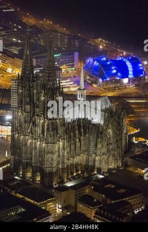 , Cologne Cathedral and Musical Dome at night, 26.03.2013, aerial view, Germany, North Rhine-Westphalia, Cologne Stock Photo