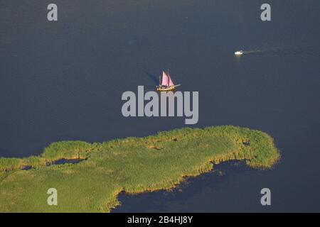 , Barth Bodden and island Grosser Kirr and a Big Kirr flatboat, aerial view, Germany, Mecklenburg-Western Pomerania, Western Pomerania Lagoon Area National Park, Zingst Stock Photo