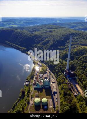 , Cuno power plant of the ENERVIE AG lake Harkort, 05.05.2014, aerial view, Germany, North Rhine-Westphalia, Ruhr Area, Herdecke Stock Photo