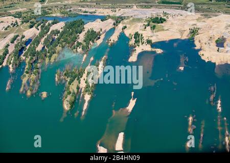 Aerial view of artificial lake, renaturation measure after coal mining, former open pit Stock Photo