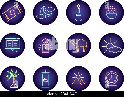 ramadam kareem set neon light style icons Stock Vector