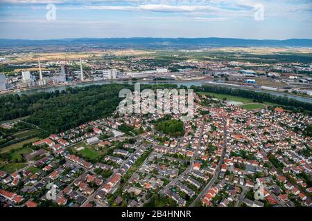 Aerial view of Altrip near Rheinau with large power plant and Rhine in the background Stock Photo
