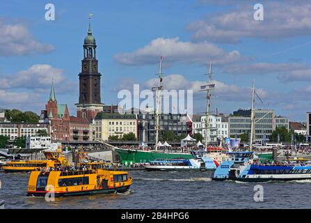 Europe, Germany, Hanseatic city of Hamburg, Elbe, view over the Elbe to Michel and Baumwall, windjammer Rickmer Rickmers, Stock Photo