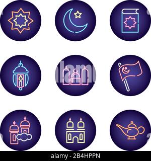 ramadam kareem set neon light style icons Stock Vector