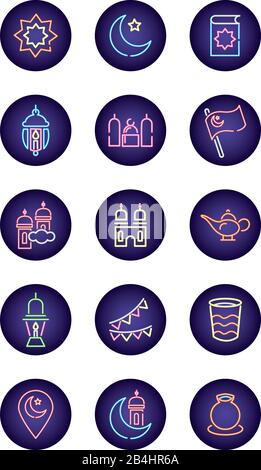 ramadam kareem set neon light style icons Stock Vector