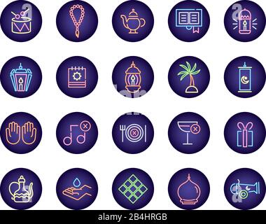 ramadam kareem set neon light style icons Stock Vector