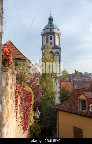 Germany, Saxony. Meissen, view of the Frauenkirche, wall with vine leaves, autumn. Stock Photo