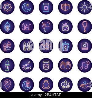 ramadam kareem set neon light style icons Stock Vector
