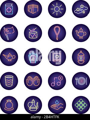 ramadam kareem set neon light style icons Stock Vector