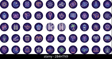 ramadam kareem set neon light style icons Stock Vector