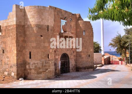 Entrance porch of Akaba Aqaba historical fort, Gulf of Aqaba, Red Sea, Jordan Stock Photo