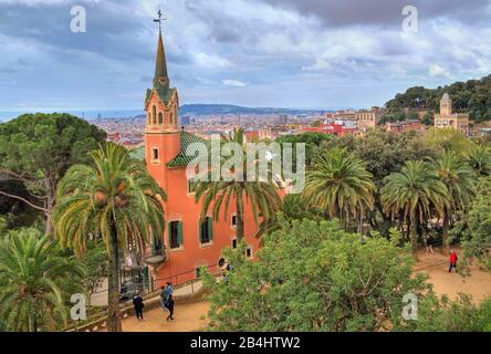 House of Antoni Gaudi in Parc Güell overlooking the city in Barcelona, Catalonia, Spain Stock Photo