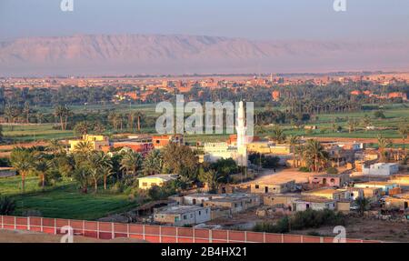 Village with mosque on the western shore with fields and date palms. Suez Canal (Suez Canal), Egypt Stock Photo