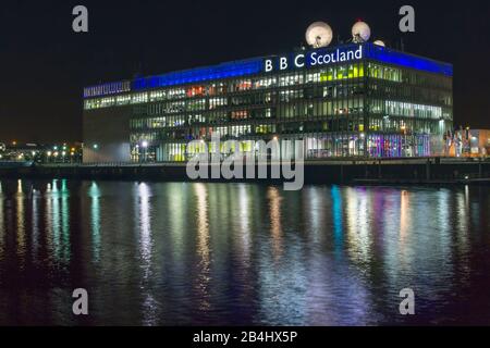 BBC building at night Pacific Quay