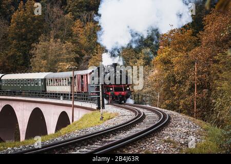 Steam locomotive, Swabian forest railway, viaduct, autumn, Rudersberg, Baden-Wuerttemberg, Germany, Europe Stock Photo