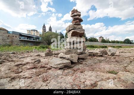 Germany, Saxony-Anhalt, Magdeburg, Dried riverbed of the Elbe, heat, drought, drought. Stock Photo