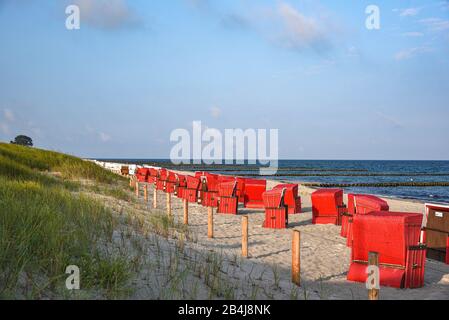 Blick über die Düne und den menschenleeren Strand mit roten Strandkörben am frühen Morgen auf dem Darß Stock Photo