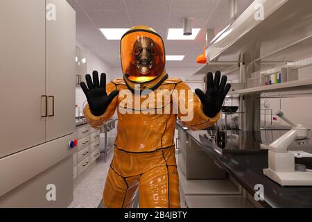 Biohazard Men Man in a biohazard suit works in a biolaboratory 3d illustration Stock ...