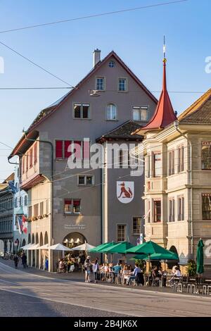 Switzerland, Canton Zurich, Old Town, Limmatquai, guild houses, restaurants, house for males, Zunfthaus zur Zimmerleuten Stock Photo