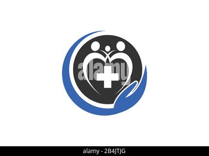 Family Health care medical cross logo icon with hand symbol on white background. Stock Vector