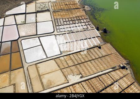 Salt recovery plant, Salinas de janubio, at Yaiza, drone pickup, Lanzarote, Canary Islands, Spain Stock Photo