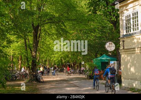 Footpath and cycle path on the Isar high bank at the beer garden Menterschwaige, district Harlaching, Munich, Upper Bavaria, Bavaria, Germany Stock Photo