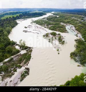 Isar at flood, nature reserve Isarauen, Geretsried, drone recording, Upper Bavaria, Bavaria, Germany Stock Photo