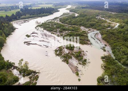 Isar at flood, nature reserve Isarauen, Geretsried, drone recording, Upper Bavaria, Bavaria, Germany Stock Photo