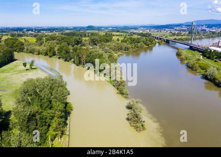 River mouth of the Isar in the Danube, Isarmündung, Danube bridge Deggenau, near Deggendorf, aerial view, Lower Bavaria, Bavaria, Germany Stock Photo