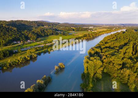 Mouth of the Isar in the Danube, Isarmündung, at Deggendorf, aerial view, Lower Bavaria, Bavaria, Germany Stock Photo