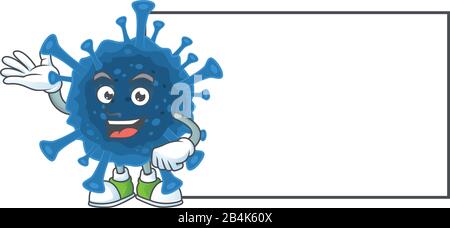 Cheerful coronavirus desease mascot style design with whiteboard Stock Vector