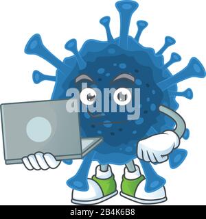 A smart coronavirus desease mascot icon working with laptop Stock Vector