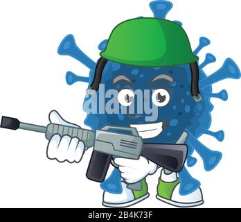 Coronavirus desease mascot design in an Army uniform with machine gun Stock Vector