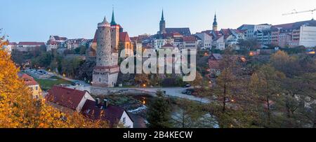 Germany, Saxony. Bautzen, Old Water Art, St. Michael's Church, Petridom and Town Hall Tower in Bautzen, panoramic view, Upper Lusatia. Stock Photo