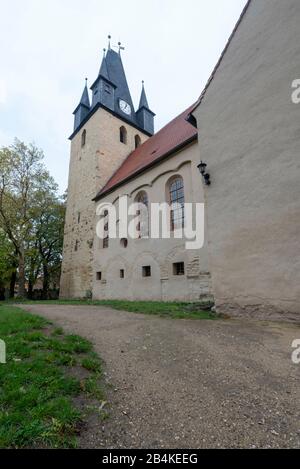 Germany, Saxony-Anhalt, Brumby, overlooking the Protestant village church of St. Peter, near the highway 14, bears the nickname Autobahnkirche Brumby. Stock Photo