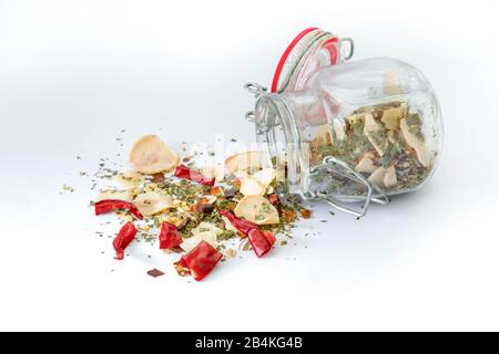 glass jar with homemade preparation for spaghetti dressing 'garlic oil and chilli' Stock Photo
