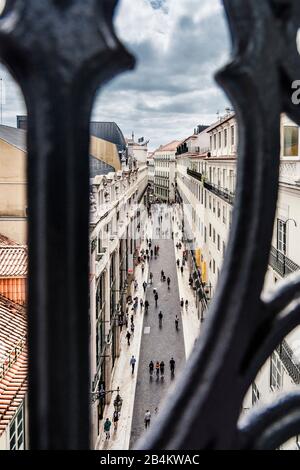 Europe, Portugal, capital city, old town of Lisbon, viewpoint, view through the ornaments of the Elevador de Santa Justa, in the Rua do Carmo Stock Photo