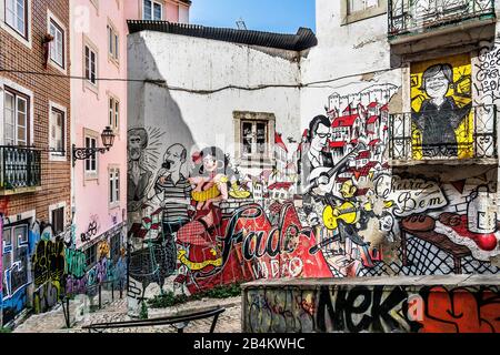 Europe, Portugal, capital city, old town of Lisbon, Mouraria, Escadinhas de Sao Cristovao, Mural, tells the story of the Fado Stock Photo