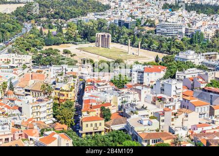 high angle view of Temple of Olympian Zeus, Hadrian's Arch and athens city centre, Athens, Greece, Europe, Stock Photo