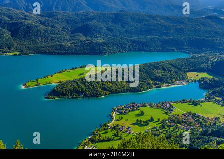 Deutschland, Bayern, Oberbayern, Tölzer Land, Kochel am See, Herzogstand, Walchensee mit Halbinsel Zwergern, Blick vom Fahrenbergkopf Stock Photo