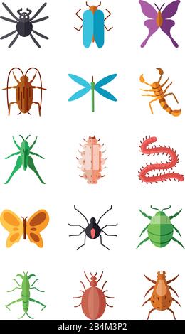 spiders and insects icon set over white background, flat style, vector illustration Stock Vector