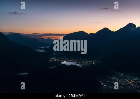 Switzerland, Graubünden, Engadin, Muottas Muragl, dusk over the Upper Engadine lakes with St. Moritz and Celerina Stock Photo