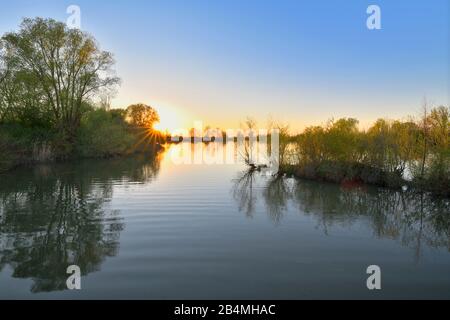 Lake Altmühlsee at sunset in spring, Muhr am See, Gunzenhausen, Franconian Lake District, Central Franconia, Bavaria, Germany Stock Photo