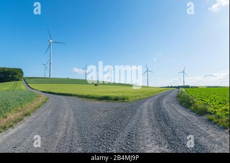 Forked path with grainfield and wind turbines in summer, Retzstadt, Franconia, Bavaria, Germany Stock Photo