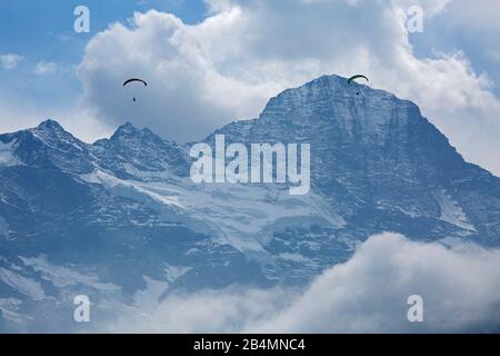 Paraglider in front of the Breithorn at the valley shot of the Lauterbrunnen valley. Stock Photo