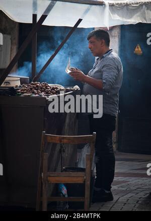 One day in Malaga; Impressions from this city in Andalusia, Spain. Roasted chestnut sales on the roadside.