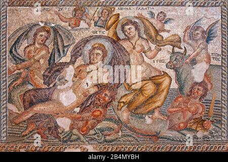 Paphos, excavations, House of Aion, mosaic floor in the lobby, beauty pageant between Kassiopeia and three of the most beautiful Nereids, Cyprus, Greek part Stock Photo