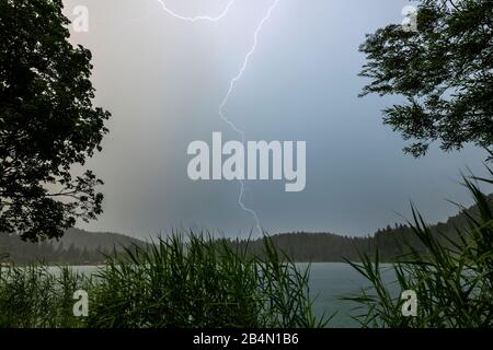 Lightning on the banks of the Lautersee near Mittenwald, between reeds and trees Stock Photo