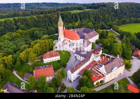 Andechs Monastery, Funfseenland, Pfaffenwinkel, aerial view, Upper Bavaria, Bavaria, Germany Stock Photo