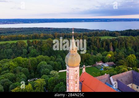 Andechs Monastery, Ammersee, Funfseenland, Pfaffenwinkel, aerial view, Upper Bavaria, Bavaria, Germany Stock Photo